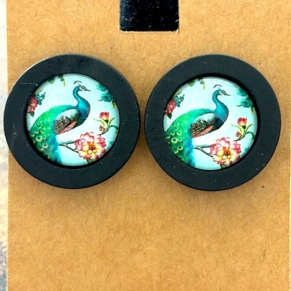 Handmade Peacock Print Stud Earrings - 16mm Glass Dome on Black Wood Base, NWT